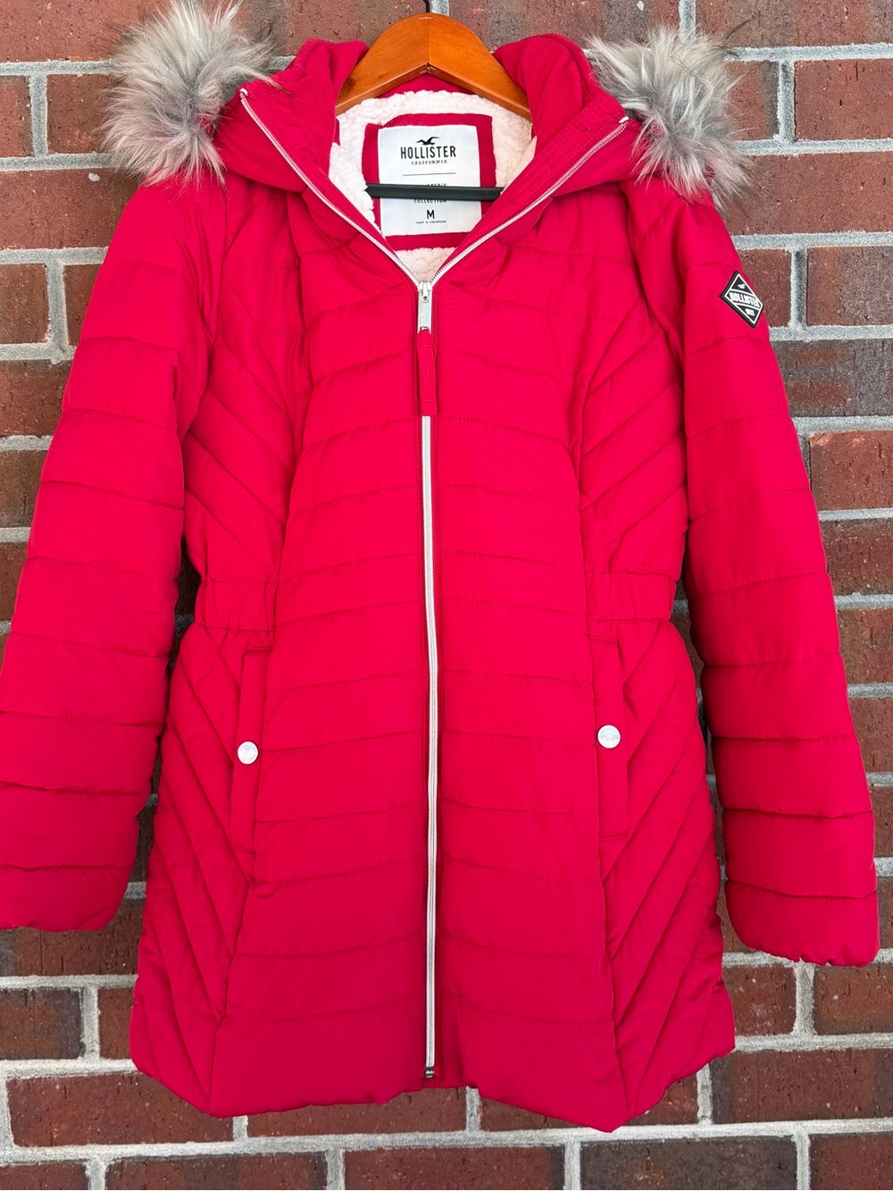Hollister Bright Red Quilted Hooded Puffer with Faux Fur Trim